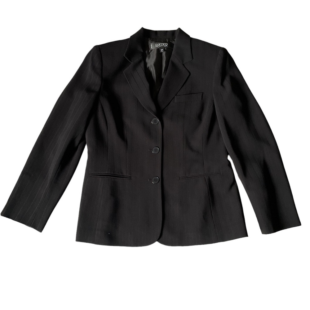 Kasper Petite Women's Black 3-Button Lined Blazer Jacket Light Pinstripe Sz 10p